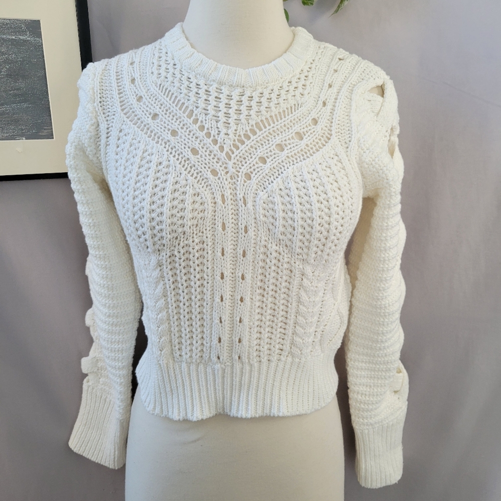 NEW IRO Round Neck Cotton‎ Cable Knit Cropped Pullover Sweater White XS